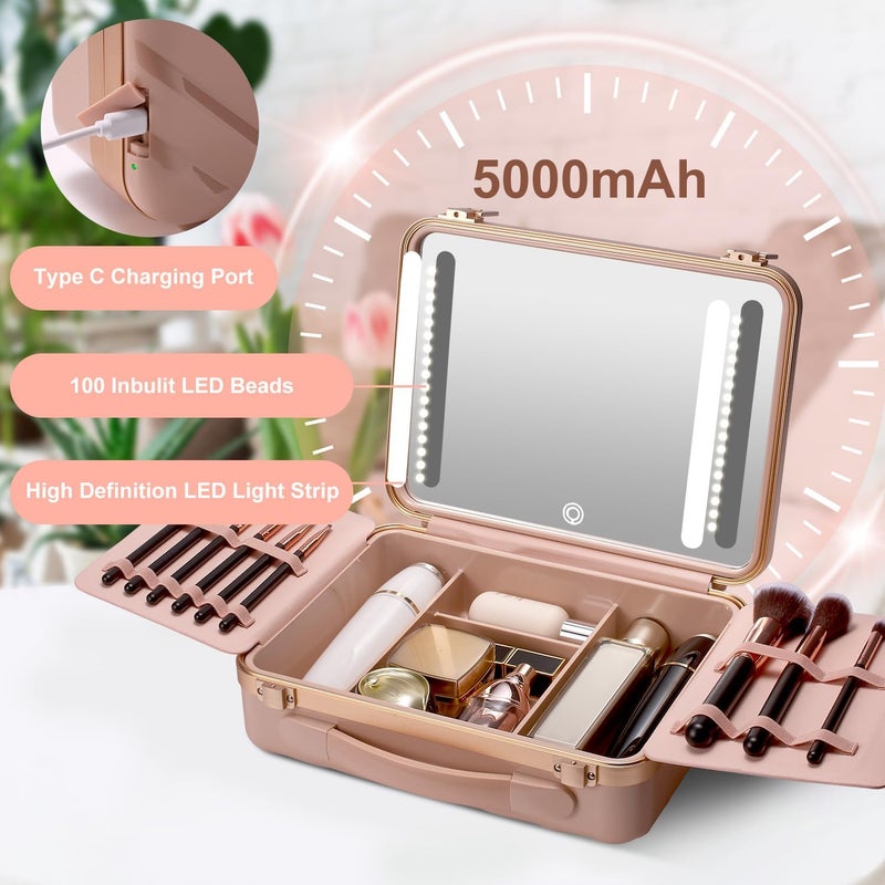 Mocado Travel Makeup Case with Lighted Mirror, 8 Makeup Brushes & 10x Magnifying Mirror, Adjustable Brightness Train Case (Pink) - Image 2